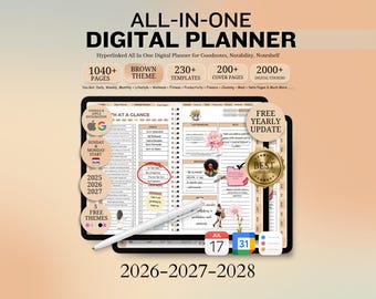 All-in-One Digital Planner 2026 2027 2028, Hyperlink Digital Planner, Daily Weekly Monthly Journal, Goodnotes Planner, Apple Google Calendar