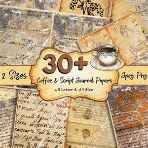 Peut inclure: Un collage de plus de 30 papiers de journal de style vintage en deux tailles, US Letter et A4. Les papiers présentent des taches de café, de l'écriture manuscrite et des textures vieillies. L'image comprend également une tasse de café avec une soucoupe.
