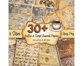 May include: A collage of 30+ vintage-style journal papers in two sizes, US Letter and A4. The papers feature coffee stains, script writing, and distressed textures. The image also includes a cup of coffee with a saucer.