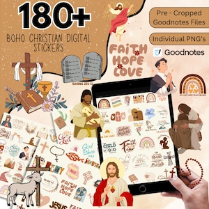 Può includere: Un set di adesivi digitali con oltre 180 adesivi a tema boho cristiano. Gli adesivi presentano una varietà di design, tra cui croci, fiori, arcobaleni e citazioni ispiratrici. Gli adesivi sono perfetti per aggiungere un tocco di fede e stile al tuo planner digitale, ai tuoi appunti o ad altri documenti digitali.