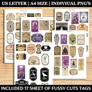 May include: A collection of vintage-style Halloween-themed tags with various designs, including skulls, potion bottles, and spooky text. The tags are printed on paper and feature a distressed, aged look. The text includes phrases like "Poison" and "Witch's Brew".