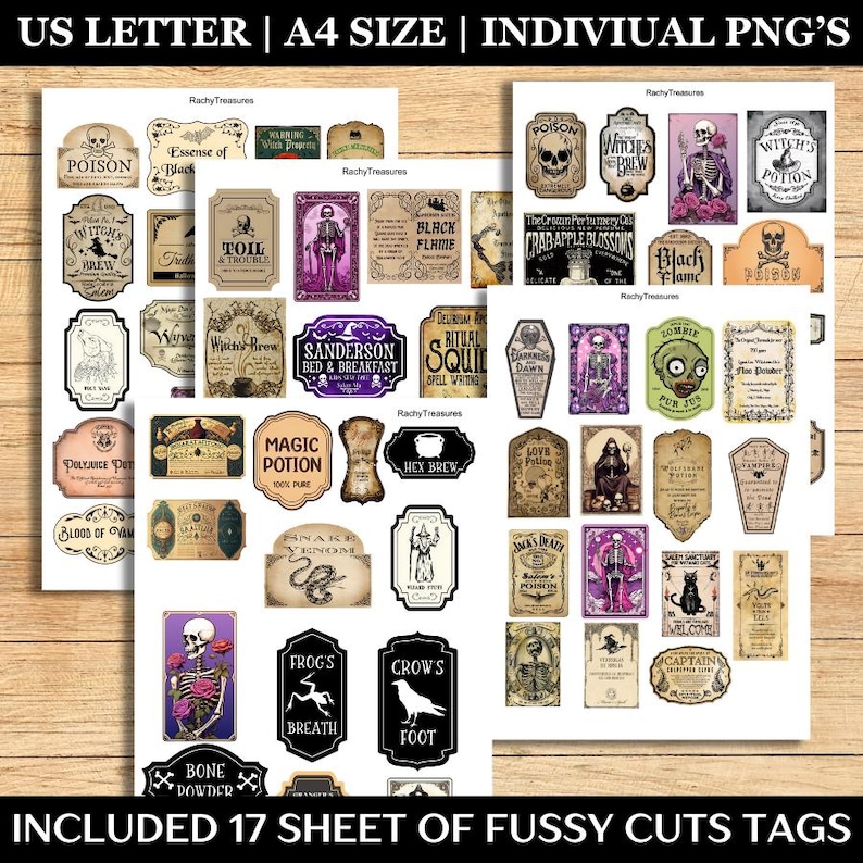 May include: A collection of vintage-style Halloween-themed tags with various designs, including skulls, potion bottles, and spooky text. The tags are printed on paper and feature a distressed, aged look. The text includes phrases like "Poison" and "Witch's Brew".