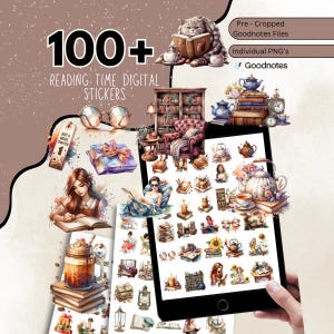 May include: Digital stickers with a reading theme. The image shows a tablet displaying various stickers, including illustrations of books, teacups, reading figures, and a cat reading. The text reads "100+ Reading Time Digital Stickers."