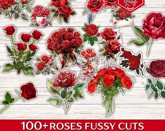 100 + Red Roses Fussy Cuts, Floral Fussy Cuts, Floral Ephemera, Flower Fussy Cuts, Printable Fussy Cuts, Floral Ephemera for Junk Journals