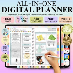 May include: Digital planner with a rainbow theme, 1060+ pages, 240+ templates, and 200+ cover pages. Includes 2000+ digital stickers. Features Google & Apple integration, and free yearly updates. The planner is designed for Goodnotes, Notability, and Noteshelf.