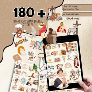 May include: A digital art image featuring a tablet displaying a collection of Boho Christian digital stickers. The stickers include religious symbols, phrases, and illustrations. The image also includes the text "180+ Boho Christian Digital Stickers".