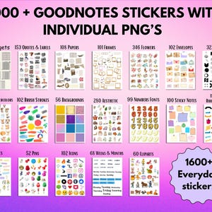 May include: A digital product with over 2000 Goodnotes stickers in individual PNG files. Includes widgets, quotes, papers, frames, flowers, envelopes, elements, watercolors, brush strokes, backgrounds, aesthetic elements, number fonts, sticky notes, ribbons, tapes, pins, icons, weeks, months, and cliparts.