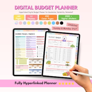 May include: Digital budget planner displayed on two tablets. The planner includes 190 pages, 12 themes, 200 cover pages, and over 2000 digital stickers. The planner is fully hyperlinked and undated, with a Sunday & Monday start.