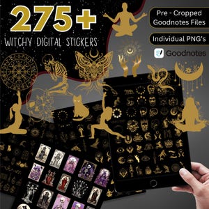 Puede incluir: Un paquete de pegatinas digitales con más de 275 pegatinas con temática de brujas. Las pegatinas son de color dorado y negro y presentan varios diseños, incluyendo una calavera, un gato, una luna creciente, una mano con una estrella, una mariposa y un pentagrama. Las pegatinas están diseñadas para su uso con Goodnotes.