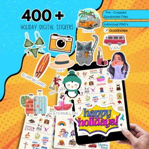 May include: A collection of over 400 holiday digital stickers, including a surfboard, hat, camera, and a cartoon cat wearing sunglasses. The image also features a tablet displaying "Happy Holidays!" and other holiday-themed graphics.