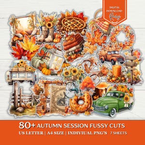 Può includere: Una collezione di ritagli a tema autunnale con zucche, girasoli e foglie autunnali. L'immagine include una torta, una ghirlanda e una bicicletta. Il testo recita "80+ AUTUMN SESSION FUSSY CUTS".
