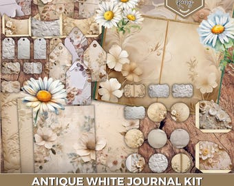 Antique White Junk Journal Kit, Vintage Neutral Printable Ephemera, Floral Fussy Cut, Boho Flower Journal Kit, Shabby Chic Printable Journal