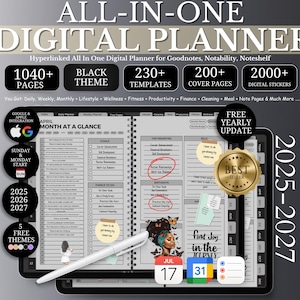 May include: Digital planner with 1040+ pages, black theme, 230+ templates, 200+ cover pages, and 2000+ digital stickers. Includes Google & Apple integration, and free yearly updates. The planner covers 2025-2027 and includes 5 free themes.