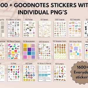 May include: Digital sticker set for GoodNotes with over 2000 PNG stickers. Includes widgets, quotes, papers, frames, flowers, envelopes, elements, watercolors, brush strokes, backgrounds, aesthetic elements, number fonts, sticky notes, ribbons, and tags.
