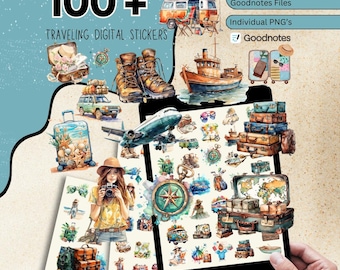 Mais de 110 adesivos digitais de viagem, adesivos de viagem para Goodnotes, adesivos de viagem pré-recortados, adesivos de viagem em aquarela PNG, adesivos para planners