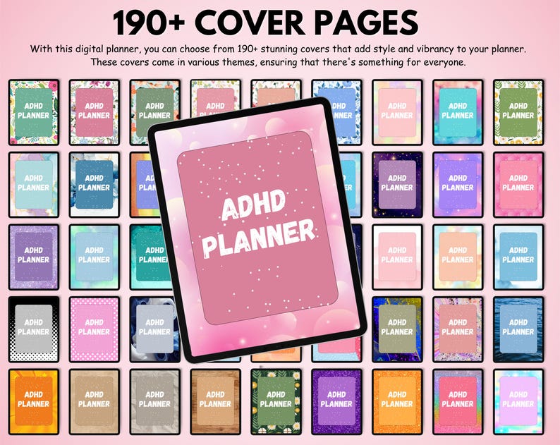 May include: A digital planner with the text "ADHD PLANNER" on a pink cover, surrounded by a grid of various planner cover designs. The image includes the text "190+ COVER PAGES".