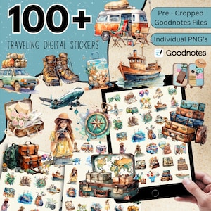 100 + Traveling Digital Stickers, Travel Goodnotes Stickers, Pre-cropped Travel Stickers, Travel Watercolor Stickers PNG, Planner Stickers