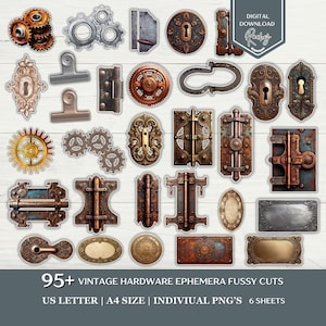 May include: A collection of vintage hardware ephemera fussy cuts in various shapes and sizes. The image includes gears, hinges, keyholes, and decorative metal pieces with a distressed, aged appearance. The text reads "95+ VINTAGE HARDWARE EPHEMERA FUSSY CUTS".