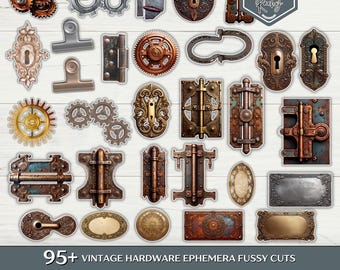 Puede incluir: Una colección de recortes minuciosos de efímeras de ferretería vintage, que incluye engranajes, bisagras, cerraduras y piezas metálicas decorativas. El conjunto presenta un aspecto envejecido y desgastado. El texto indica "95+ VINTAGE HARDWARE EPHEMERA FUSSY CUTS".