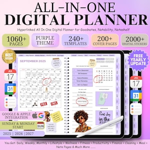Könnte beinhalten: Eine digitale Planer-App-Oberfläche mit einem violetten Thema. Die App bietet einen Kalender, To-Do-Listen und andere Organisationswerkzeuge. Der Text "ALL-IN-ONE DIGITAL PLANNER" befindet sich oben auf dem Bildschirm. Der Text "SEPTEMBER 2025" ist im Kalender sichtbar.