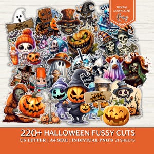 May include: A collection of Halloween-themed fussy cuts, featuring pumpkins, ghosts, skeletons, and other spooky characters. The image includes the text "220+ HALLOWEEN FUSSY CUTS". The digital download includes US Letter and A4 sizes.