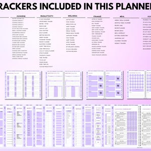 Puede incluir: Un planificador de color lila claro con secciones para estilo de vida, limpieza, productividad, bienestar, finanzas, comidas y rastreadores de fitness. El texto "TRACKERS INCLUDED IN THIS PLANNER" est&aacute; en la parte superior.