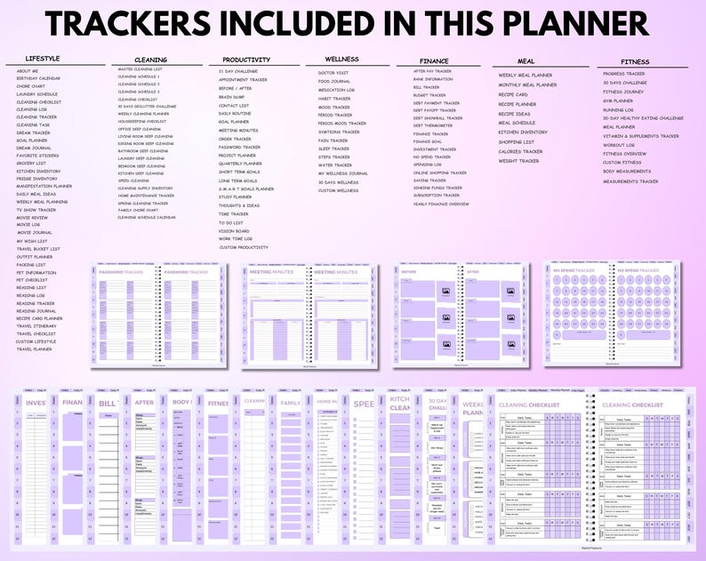Puede incluir: Un planificador de color lila claro con secciones para estilo de vida, limpieza, productividad, bienestar, finanzas, comidas y rastreadores de fitness. El texto "TRACKERS INCLUDED IN THIS PLANNER" est&aacute; en la parte superior.