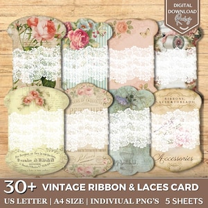 30+ Vintage Ribbons & Lace, Printable Lace Holder, Ribbon Spool, Vintage Junk Journal, Sewing Spool Tag, Sewing Ephemera, Scrapbook Ephemera