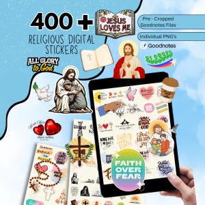Puede incluir: Pegatinas digitales con temas religiosos, con imágenes de Jesús, cruces y citas inspiradoras. La imagen incluye el texto "400+ Religious Digital Stickers", "Jesus Loves Me" y "Faith Over Fear". Diseñado para Goodnotes.