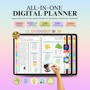 May include: A digital planner on three tablets, with a rainbow theme and the text "ALL-IN-ONE DIGITAL PLANNER." The planner includes 1060+ pages, 240+ templates, 200+ cover pages, and 2000+ digital stickers. A hand is using a stylus to interact with the planner.