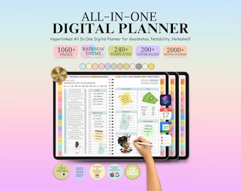 May include: A digital planner displayed on three tablets, featuring a rainbow theme and the text "ALL-IN-ONE DIGITAL PLANNER." The planner includes 1060+ pages, 240+ templates, 200+ cover pages, and 2000+ digital stickers. The image also shows a hand using a stylus.