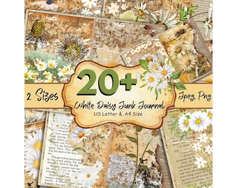 20 + Weißes Gänseblümchen Journal Papier, Vintage Journal Seiten, Gänseblümchen Junk Journal, Printable Journal Ephemera, Scrapbook Papier, Junk Seiten