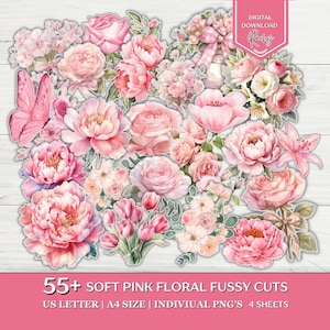 55+ mjukrosa blommor Fussy Cut Bundle, rosa ros Fussy Cut, Junk Journal Kit, blommigt Fussy Cut, utskrivbart Fussy Cut, blommigt efemera