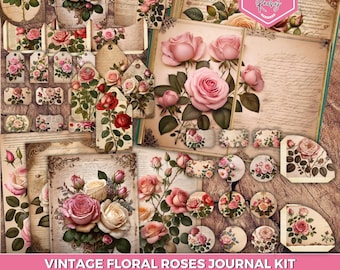 Vintage Floral Roses Junk Journal Kit, Floral Journal Paper, Floral Fussy Cuts, Floral Tags, Vintage Flower Journal Kit, Printable Journal