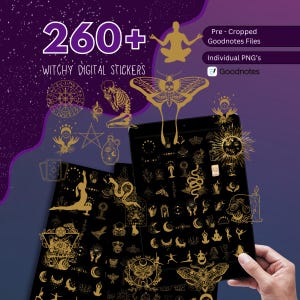 Può includere: Adesivi digitali a tema stregonesco, visualizzati su un tablet. Gli adesivi sono dorati e includono immagini di uno scheletro, farfalle e simboli celesti. Il testo recita "260+ Witchy Digital Stickers."