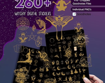 Pacchetto di oltre 275 adesivi digitali a tema stregoneria, adesivi per Goodnotes, adesivi digitali di Halloween, adesivi da strega per la modalità scura, adesivi per agenda, immagini PNG a tema stregoneria.