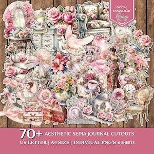 May include: A collage of over 70 aesthetic sepia journal cutouts featuring roses, furniture, teacups, and vintage illustrations in pink and cream hues. The image includes the text "Digital Download Rachy" and "70+ Aesthetic Sepia Journal Cutouts".