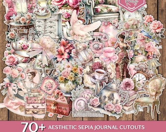 70 + Aesthetic Sepia Journal Fussy Cuts, Junk Journal Kit, Pink Fussy Cuts, Printable, Sticker, Collage Sheets, Ephemera, Scrapbook Supplies