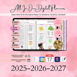 May include: A digital planner with a pink theme, featuring over 1060 pages, 240+ templates, and 200+ cover pages. It includes 2000+ digital stickers, free yearly updates, and 5 free themes. The planner integrates with Google and Apple, and covers the years 2025-2027.