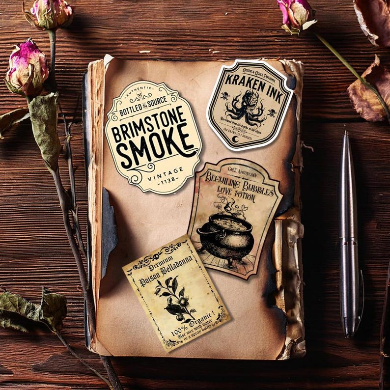 May include: A vintage-style book with four decorative labels featuring text like "Brimstone Smoke" and "Kraken Ink." The labels have a distressed, aged appearance. A silver pen and dried flowers are also present, creating a rustic, apothecary theme.