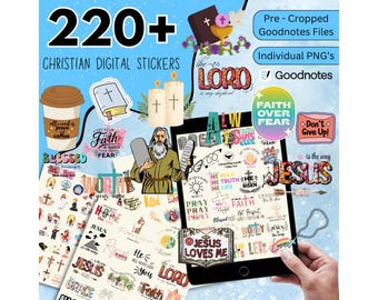 May include: A collection of 220+ Christian digital stickers with various designs, including religious symbols, inspirational quotes, and the word "JESUS." The stickers are displayed on a tablet and other items, with the text "FAITH OVER FEAR."