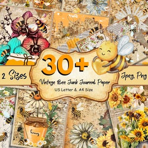 Può includere: Un foglio di collage digitale con oltre 30 disegni vintage a tema ape. Il foglio include immagini di api, fiori, barattoli di miele e altri elementi correlati alle api. Il testo "30+ Vintage Bee Junk Journal Paper" è visualizzato sul foglio. Il foglio è disponibile in due dimensioni: US Letter e A4.
