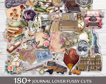 Op de afbeelding: Een verzameling digitale stickers met een vintage thema, met illustraties van boeken, typemachines, bloemen, een wereldbol en een luchtballon. De tekst "180+ JOURNAL LOVER FUSSY CUTS" is inbegrepen. Perfect voor journaling en scrapbooking.
