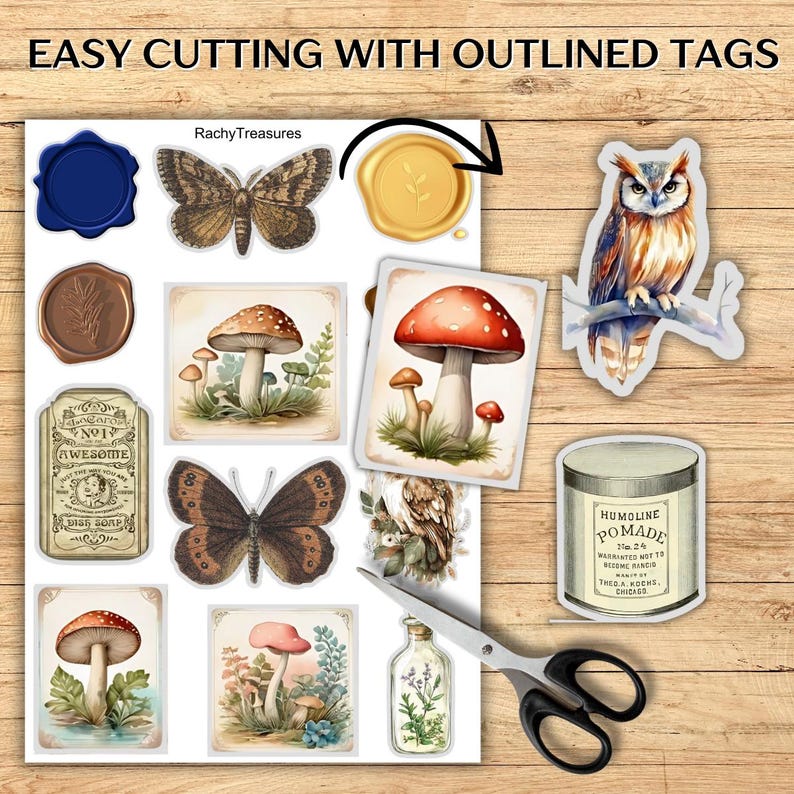 May include: A sheet of stickers with various designs, including mushrooms, butterflies, an owl, and wax seals. The stickers are in a watercolor style with a vintage aesthetic. The text "EASY CUTTING WITH OUTLINED TAGS" is at the top.