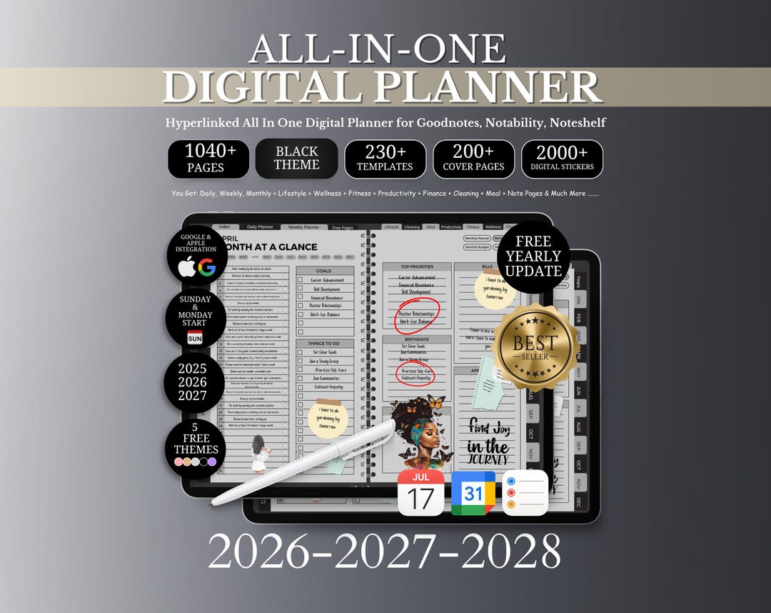All in One Digital Planner 2026 - 2028, Dark Theme Hyperlink Digital ...