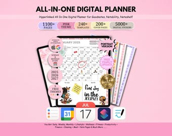 May include: Digital planner with a pink theme, featuring over 1100 pages, 240+ templates, and 5000+ digital stickers. Includes Google and Apple integration, with a portrait version and free yearly updates. The planner is designed for Goodnotes, Notability, and Noteshelf.