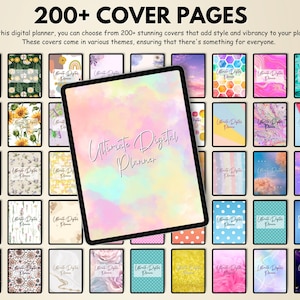 K&ouml;nnte beinhalten: Ein digitaler Planer mit einer Vielzahl von Cover-Designs, darunter florale, geometrische und abstrakte Muster. Der Planer wird auf einem Tablet mit dem Text "Ultimate Digital Planner" angezeigt. Das Bild enth&auml;lt auch den Text "200+ COVER PAGES."