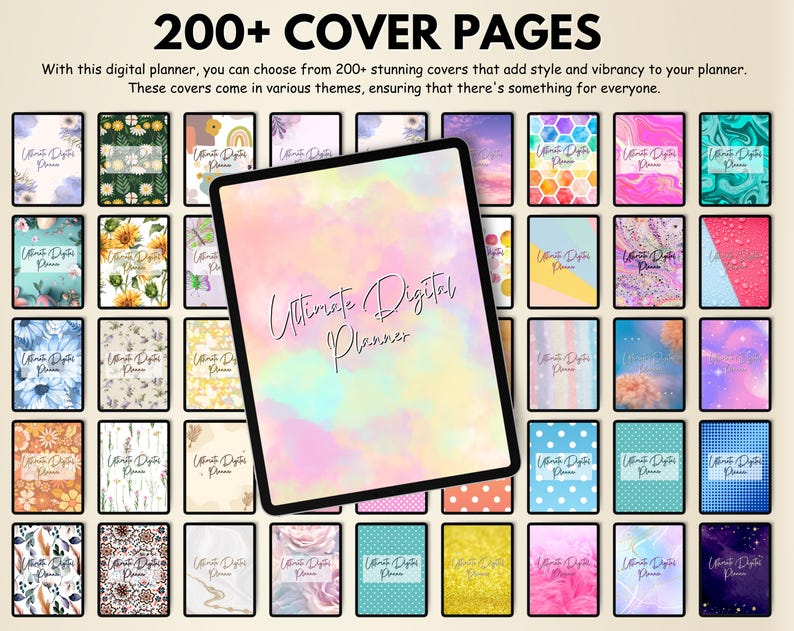 K&ouml;nnte beinhalten: Ein digitaler Planer mit einer Vielzahl von Cover-Designs, darunter florale, geometrische und abstrakte Muster. Der Planer wird auf einem Tablet mit dem Text "Ultimate Digital Planner" angezeigt. Das Bild enth&auml;lt auch den Text "200+ COVER PAGES."