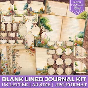 Kit de diario con líneas en blanco, páginas imprimibles para escribir, papel vintage para cuaderno, marcos florales, recortes, etiquetas, hojas de efímeras estéticas.