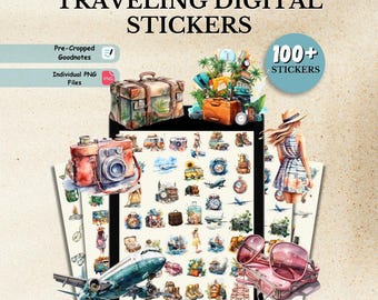 Mais de 100 adesivos digitais de viagem, adesivos de viagem para Goodnotes, adesivos de viagem pré-recortados, adesivos de viagem em aquarela PNG, adesivos para planners